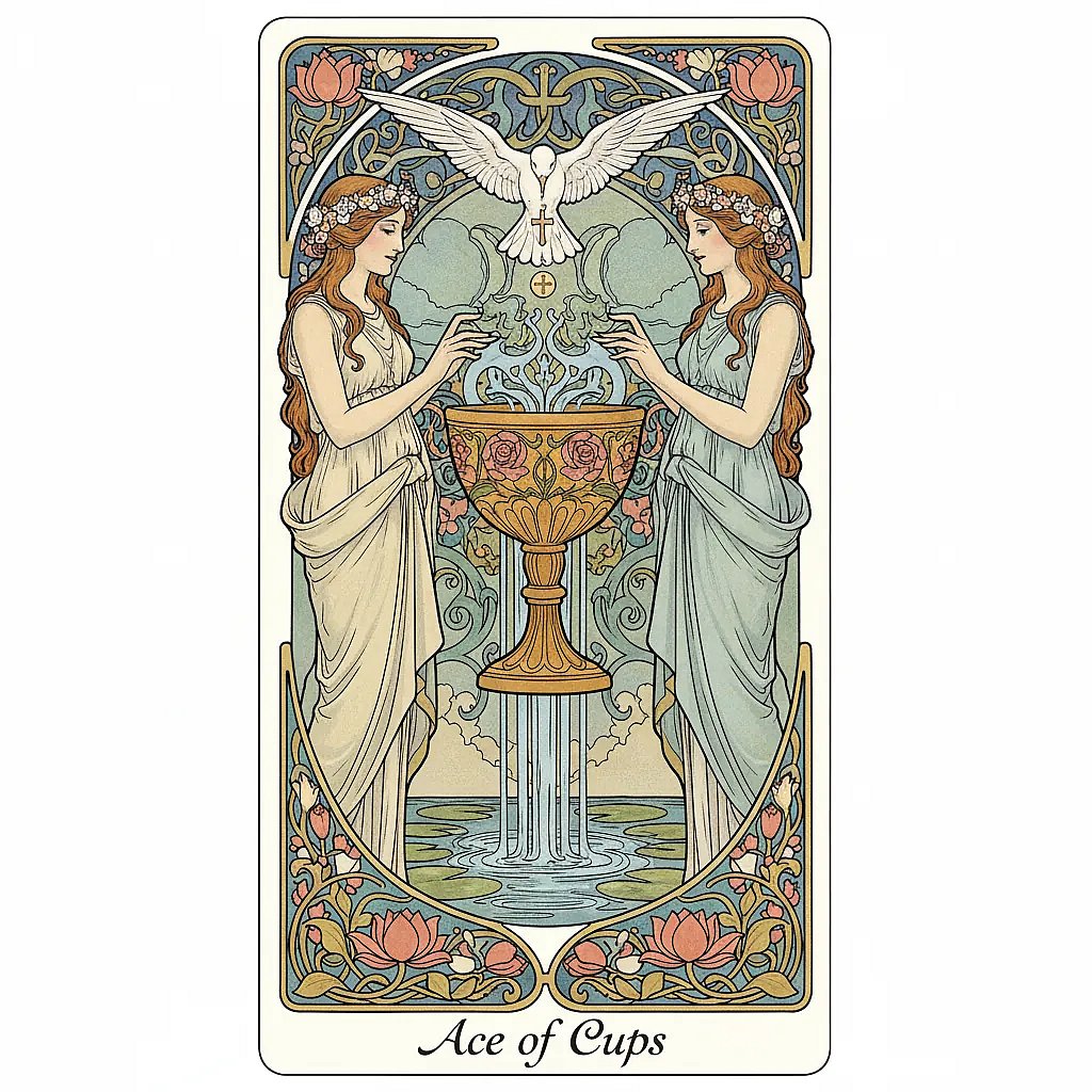 The Ace of Cups card showing a hand emerging from a cloud, holding a chalice overflowing with five streams of water, a dove descending with a wafer in its beak.