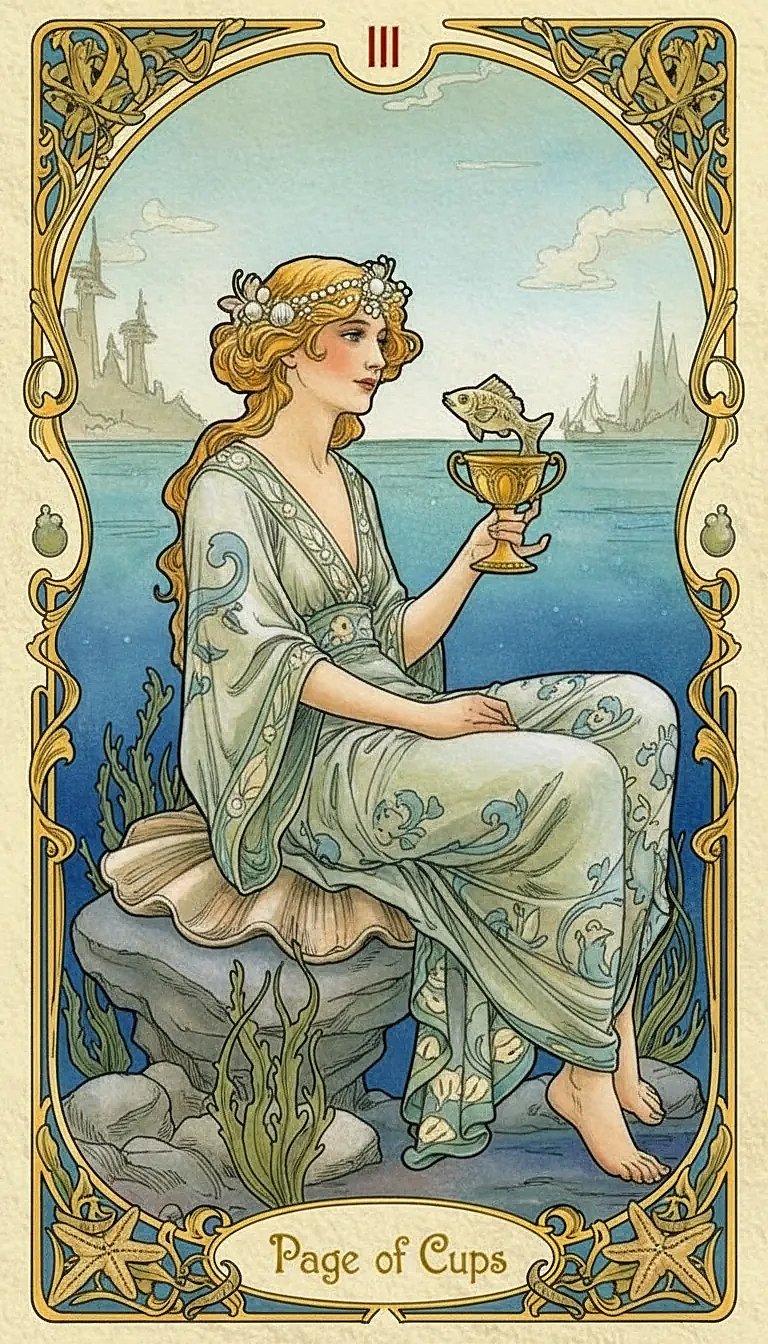 A depiction of the Page of Cups card, showing a young person in colorful clothing holding a cup from which a fish emerges.