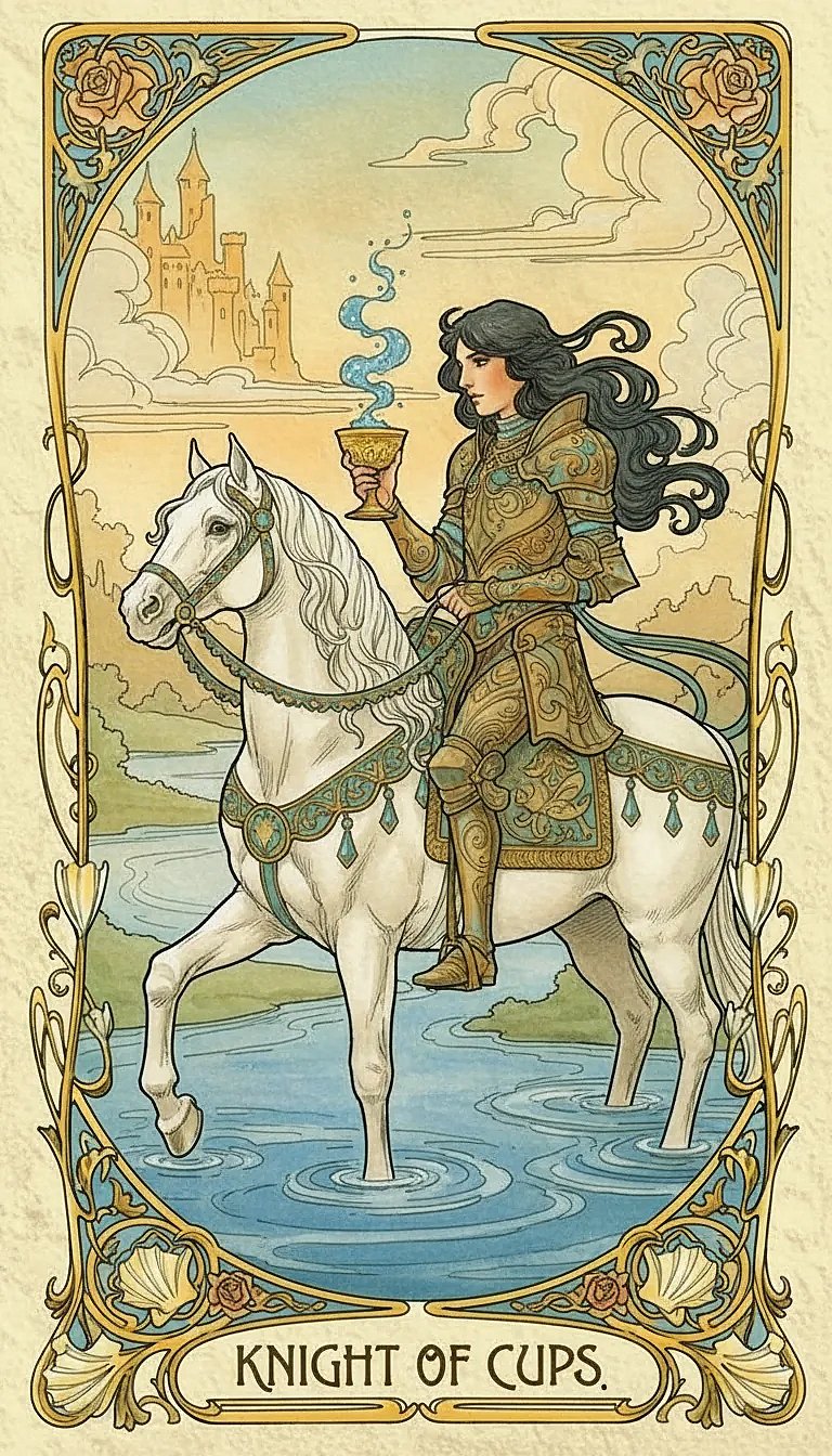 The Knight of Cups tarot card, showing a knight on a white horse holding a cup, symbolizing romance, charm, and creative offers.