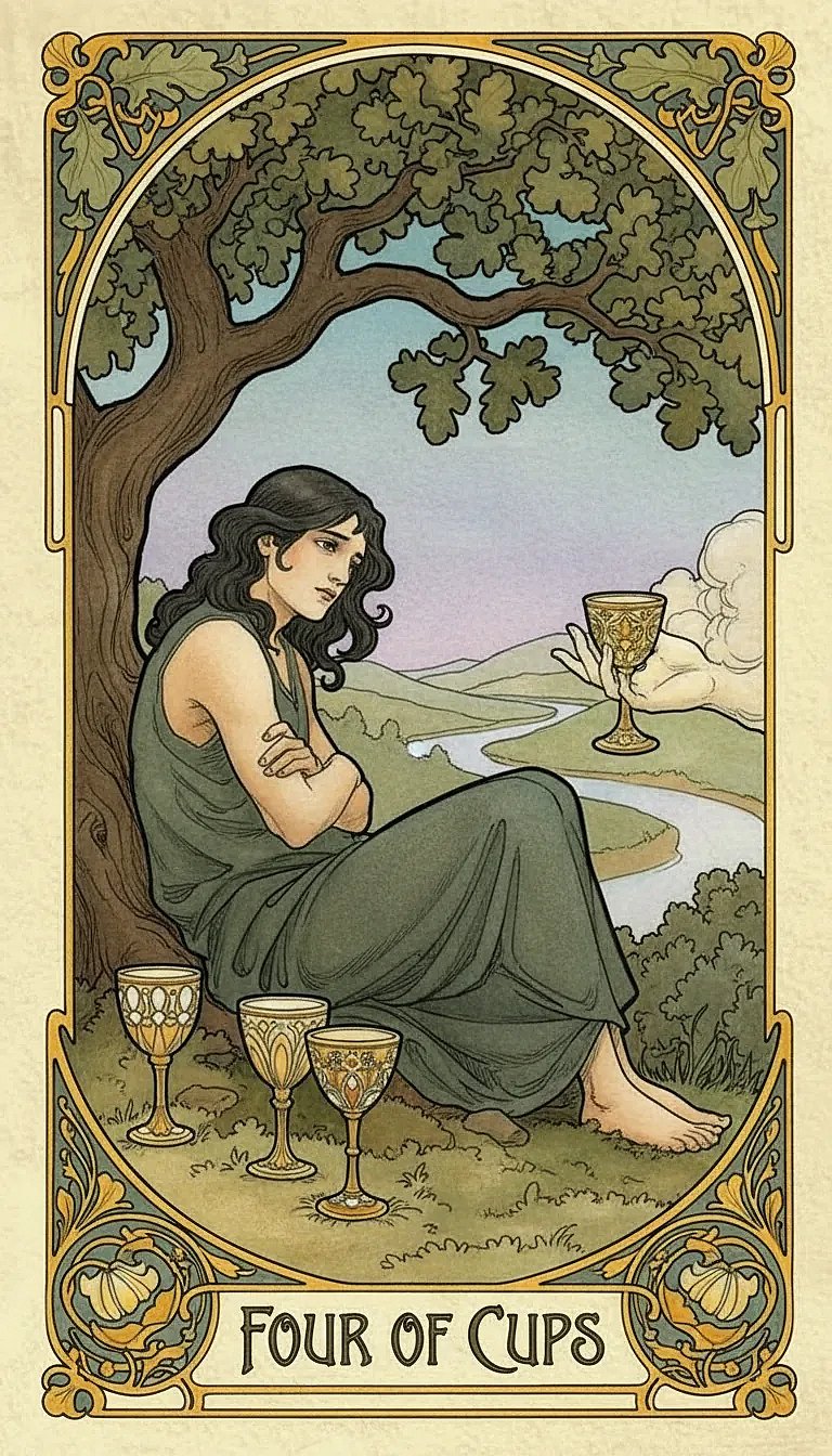 A figure sits under a tree, arms crossed, ignoring a cup offered by a cloud, with three cups at their feet.