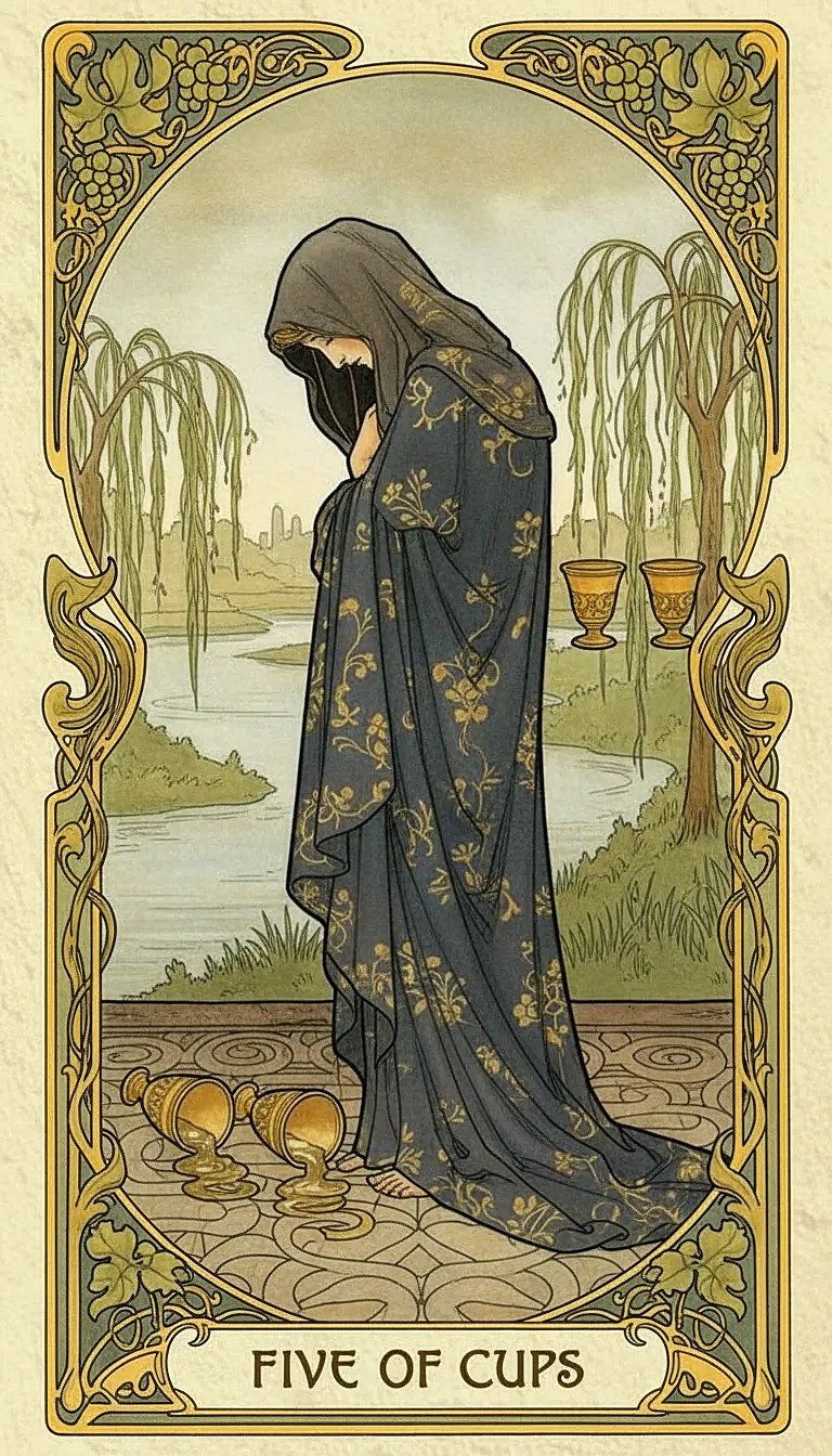 A cloaked figure mourns three spilled cups, with two full cups remaining behind them.