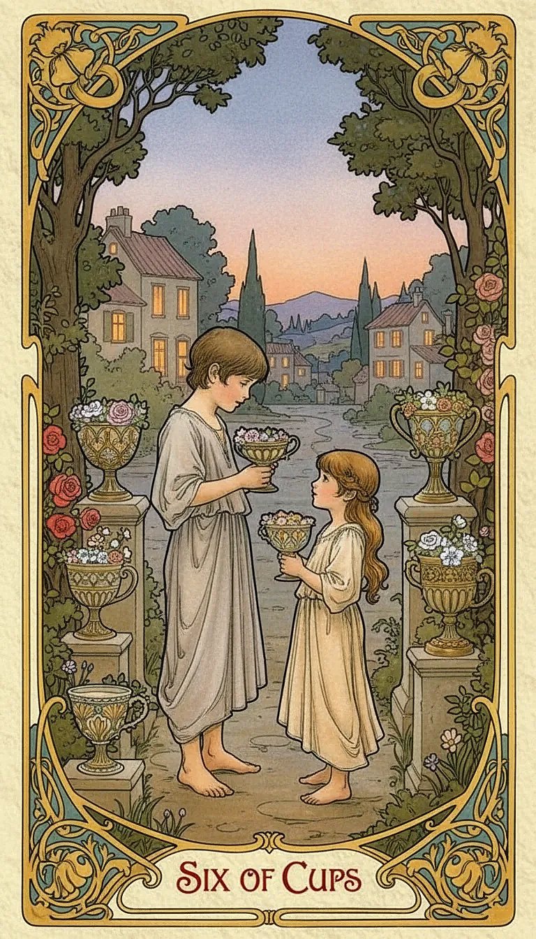 The Six of Cups tarot card depicting two children in a garden, one offering a cup filled with white flowers to the other.