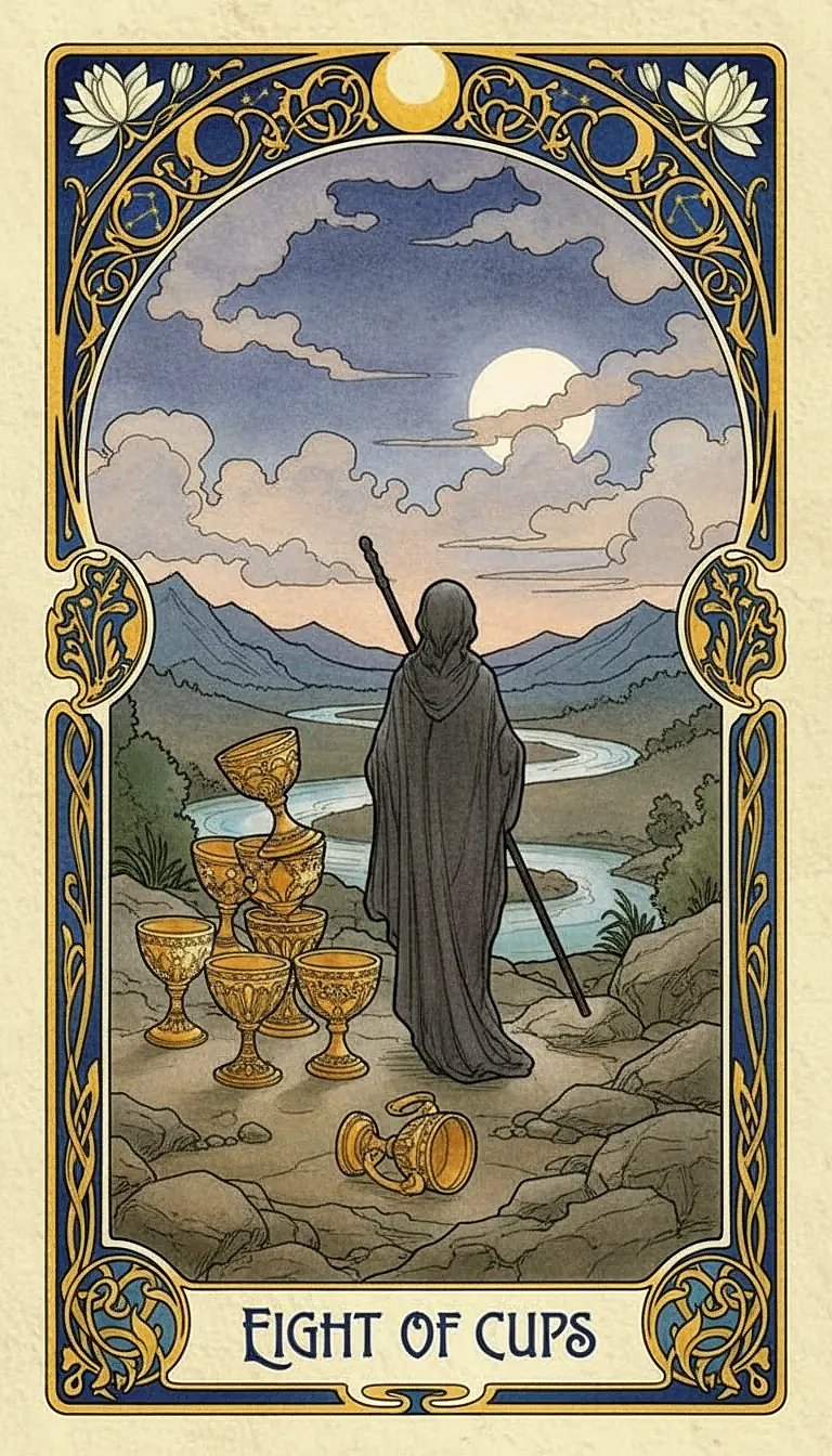 Illustration of a figure in a red cloak walking away from eight stacked cups towards a mountainous landscape under a moon.