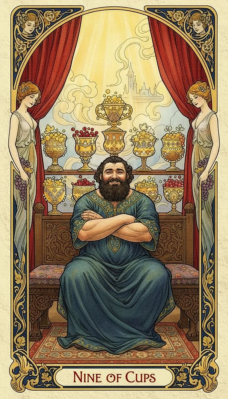 A seated figure with crossed arms smiles contentedly before a display of nine golden cups, representing satisfaction and wish fulfillment.