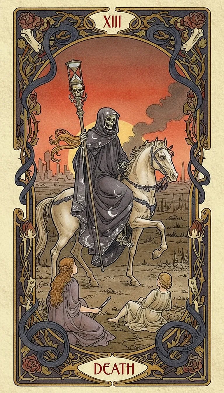 The Death card depicting a skeleton on a white horse, symbolizing unstoppable change and transformation.