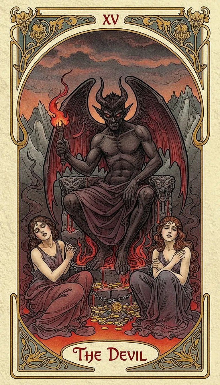 The Devil tarot card showing a half-goat, half-man figure (Baphomet) with two chained, naked human figures at its feet.