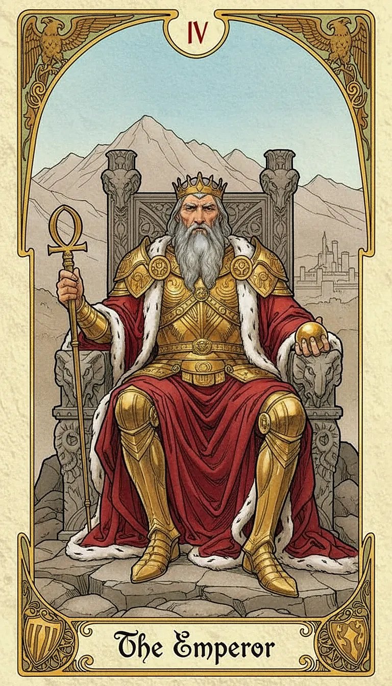 The Emperor Tarot Card showing a stern, crowned figure on a stone throne.