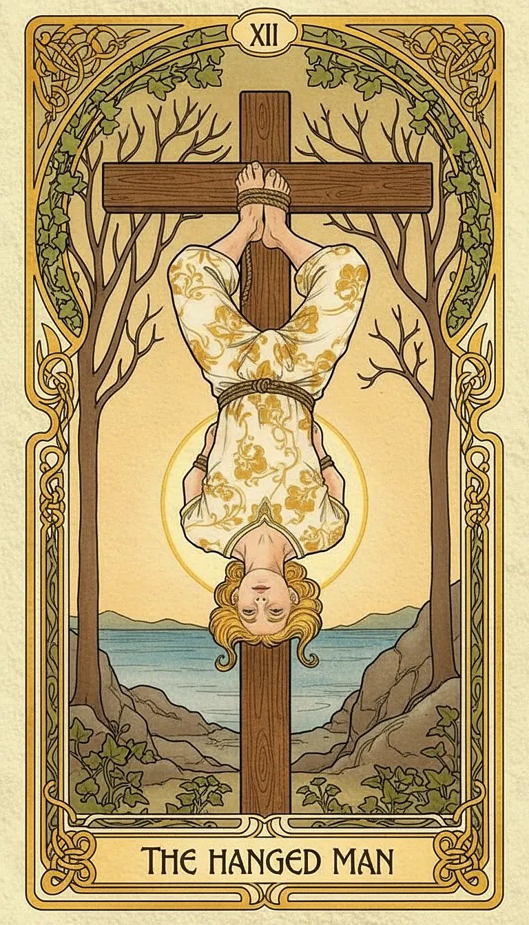 The Hanged Man card showing a figure suspended upside down from a T-shaped cross, with a serene expression.