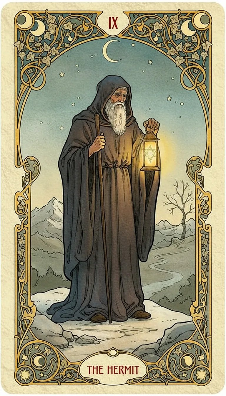 An old man in a grey cloak stands on a snowy mountain peak, holding a staff in one hand and a lit lantern containing a six-pointed star in the other.