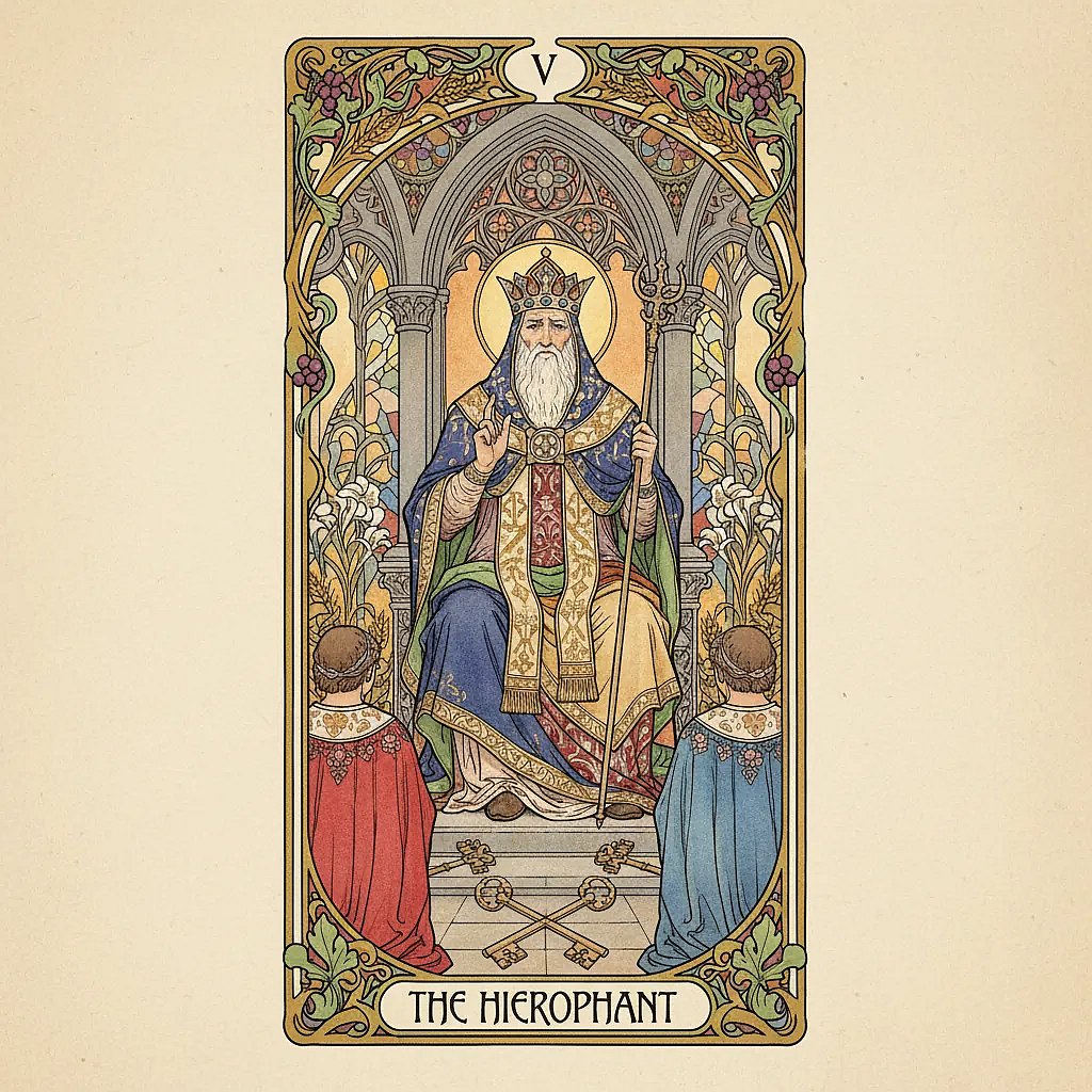 The Hierophant Tarot Card showing a religious figure seated between two pillars, with two acolytes at his feet.