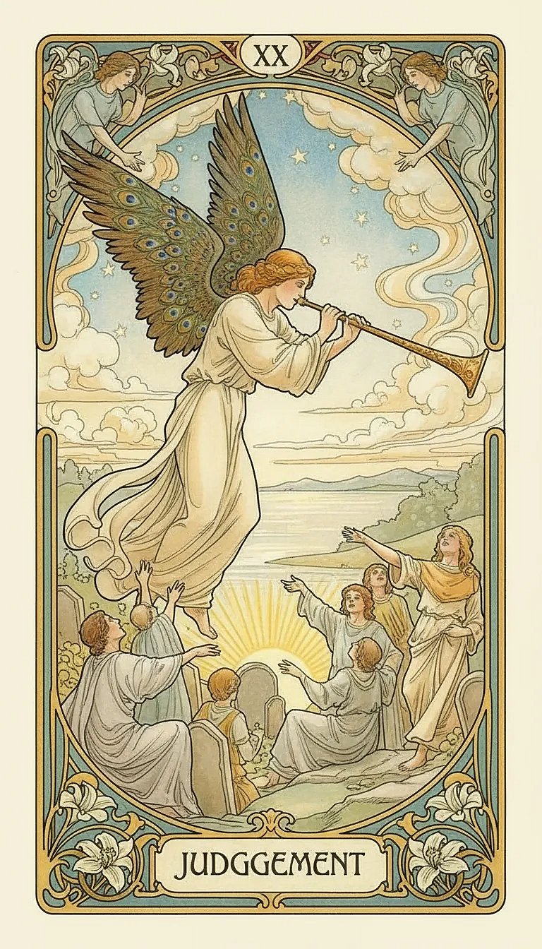The Judgement Tarot card showing an angel blowing a trumpet over resurrecting figures.