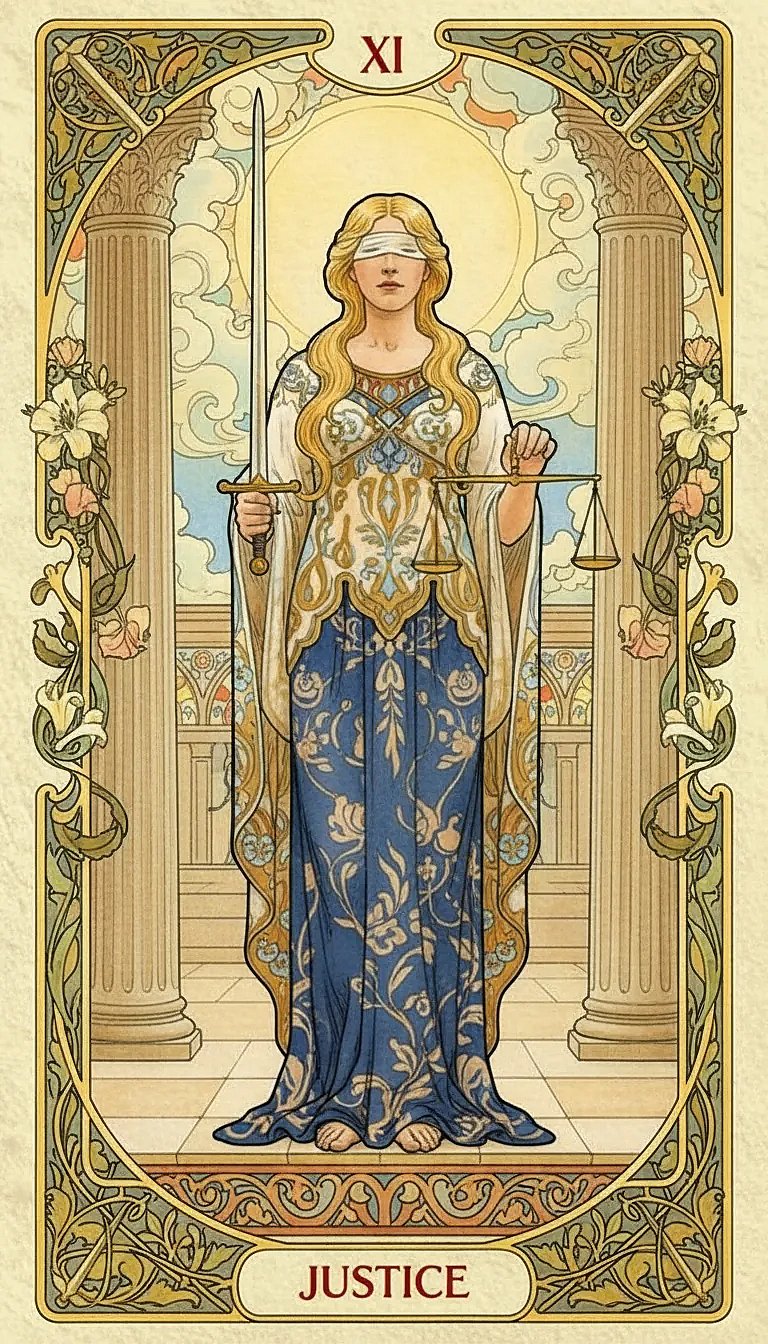 The Justice tarot card depicting a crowned figure holding golden scales and a double-edged sword.