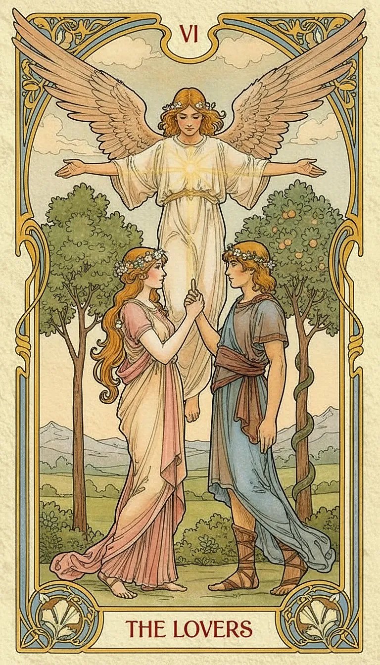 The Lovers Tarot Card showing a naked man and woman standing before an angel, symbolizing choice and union.