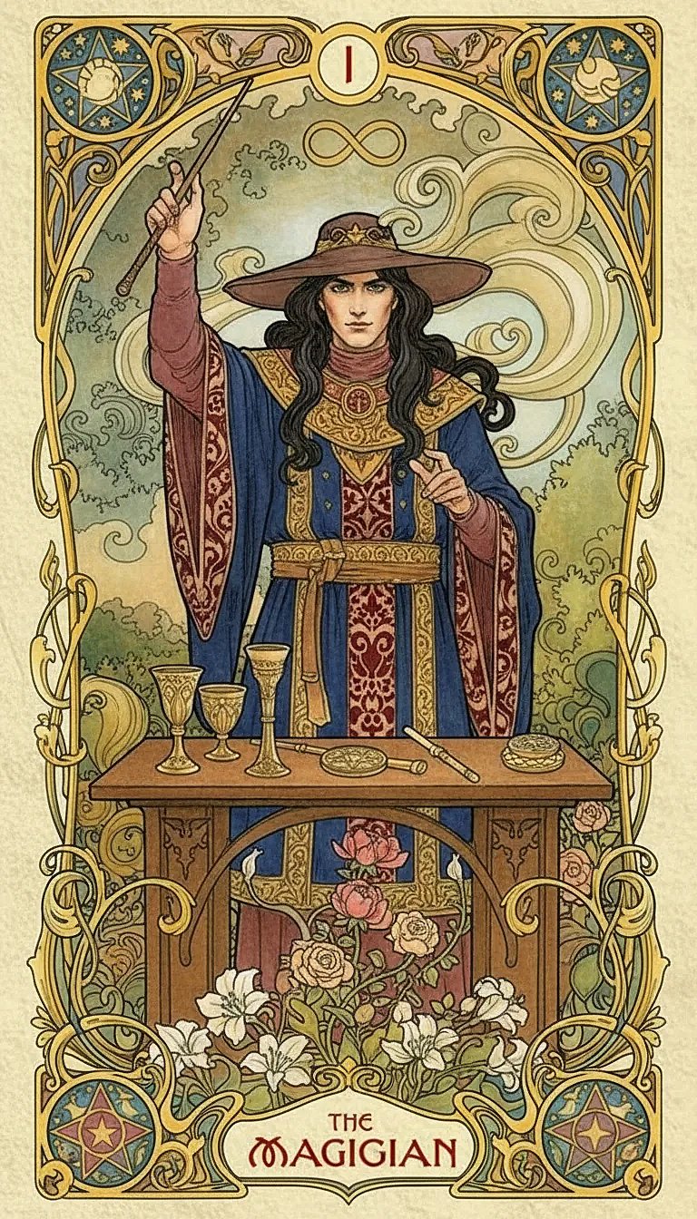 The Magician tarot card showing a figure with one hand to the sky and one to the earth, with the four elemental tools on a table before him.