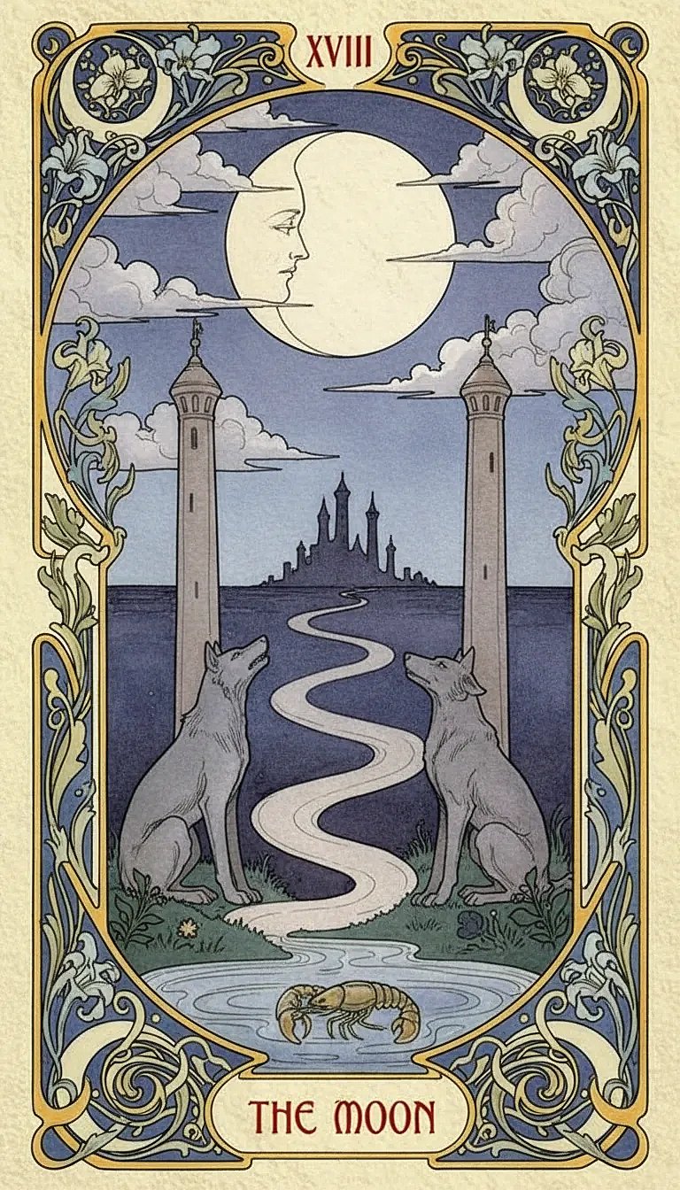 The Moon Tarot Card showing a moon between two towers, with a wolf and a dog howling, and a crayfish emerging from water.