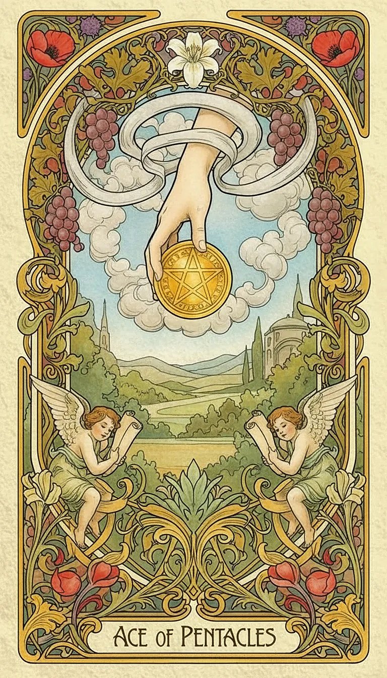 The Ace of Pentacles tarot card, showing a divine hand emerging from a cloud, holding a large golden coin with a pentagram.