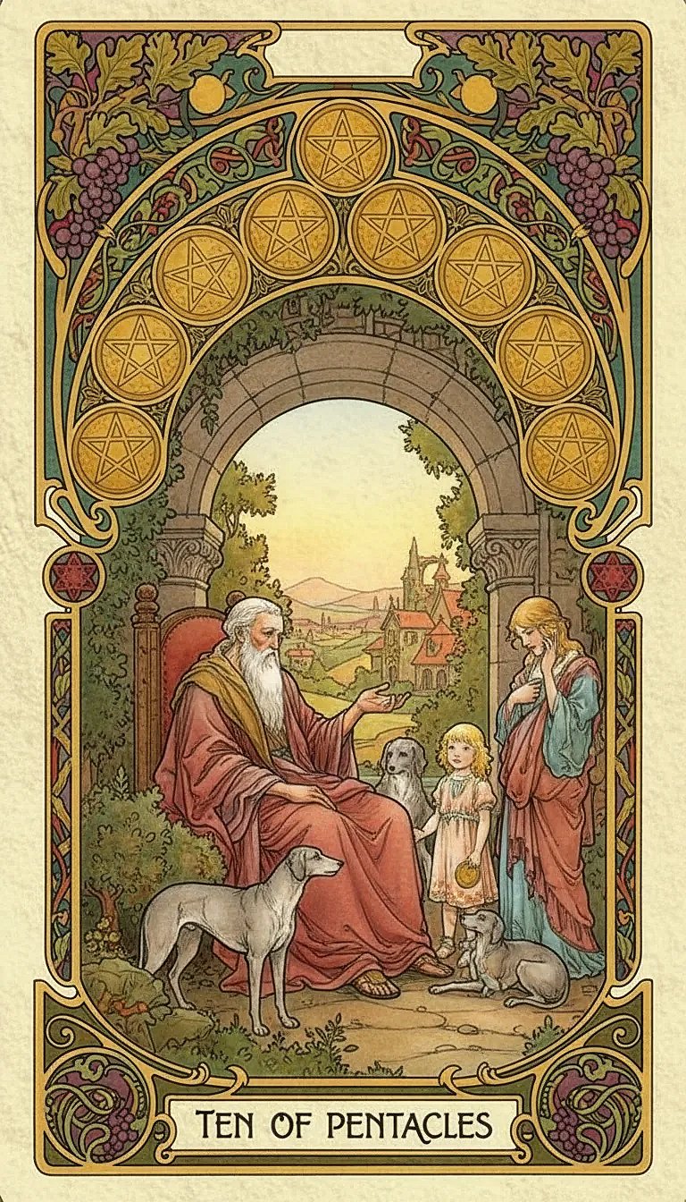 The Ten of Pentacles card showing a wealthy patriarch, a happy family, and two dogs under an archway leading to a prosperous estate.