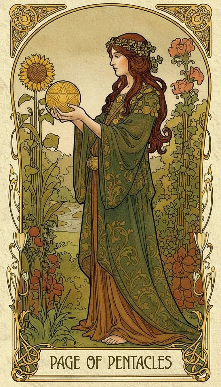 A depiction of the Page of Pentacles from the Rider-Waite-Smith tarot deck, showing a young person holding a pentacle in a fertile field.