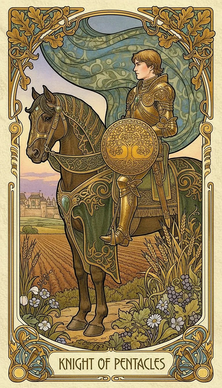 The Knight of Pentacles tarot card, depicting a knight on a black horse holding a single pentacle, surveying a plowed field.