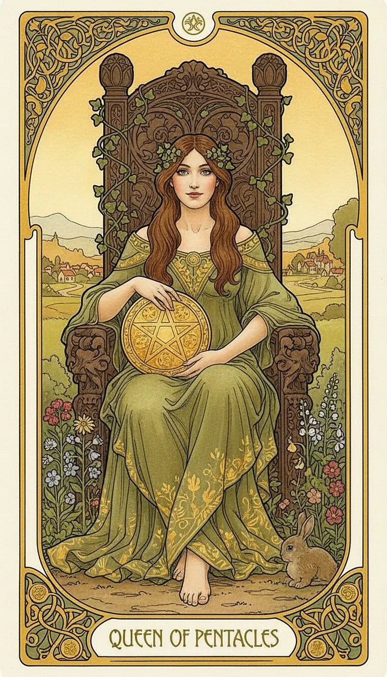 The Queen of Pentacles sitting on a throne in a lush garden, holding a single pentacle.