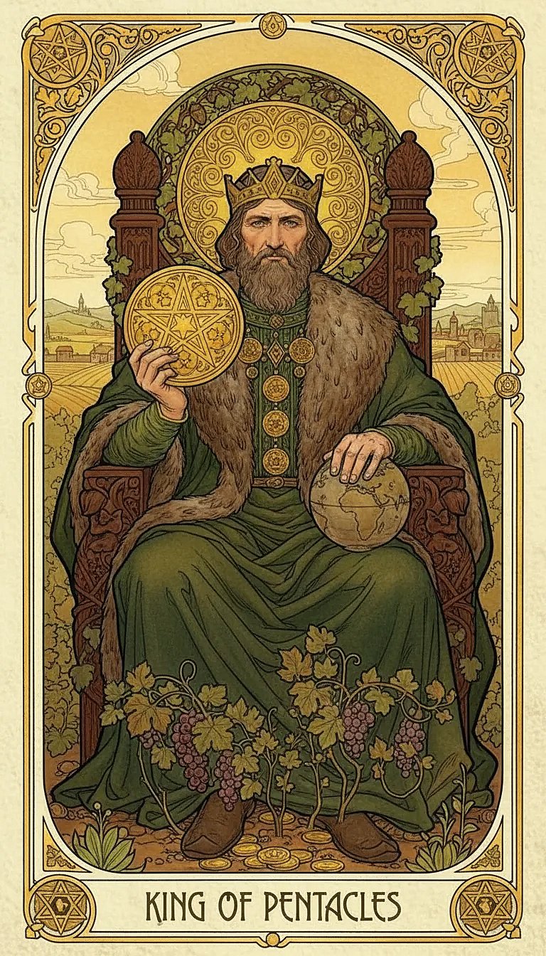 The King of Pentacles sits on a throne decorated with bull carvings, holding a large golden coin and a scepter, amidst a flourishing garden and castle.