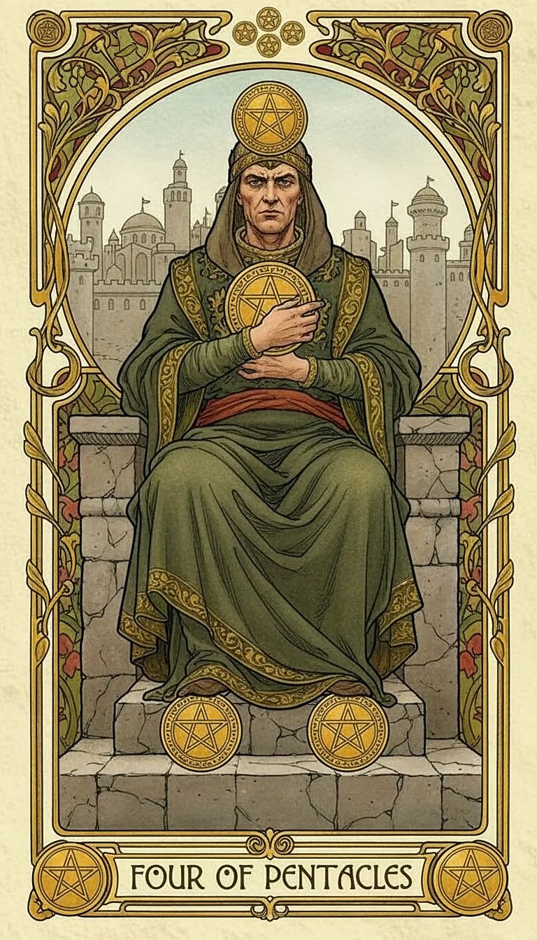 A man holding a pentacle tightly on a throne, with one on his crown and two under his feet, depicted on the Four of Pentacles tarot card.