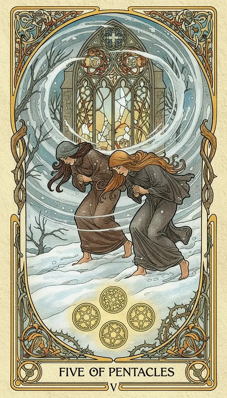 The Five of Pentacles card showing two impoverished figures in the snow outside a glowing church window.