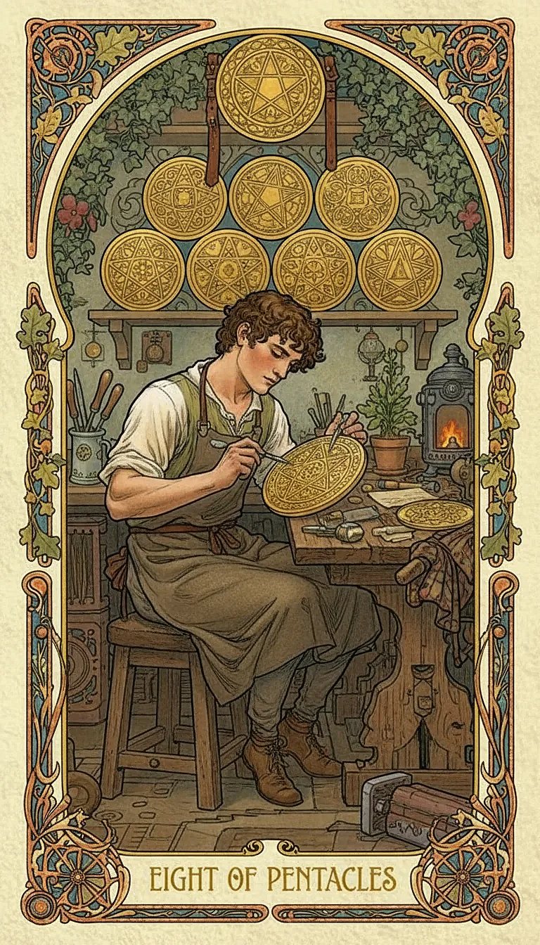 Illustration of the Eight of Pentacles tarot card, showing an artisan diligently crafting coins.