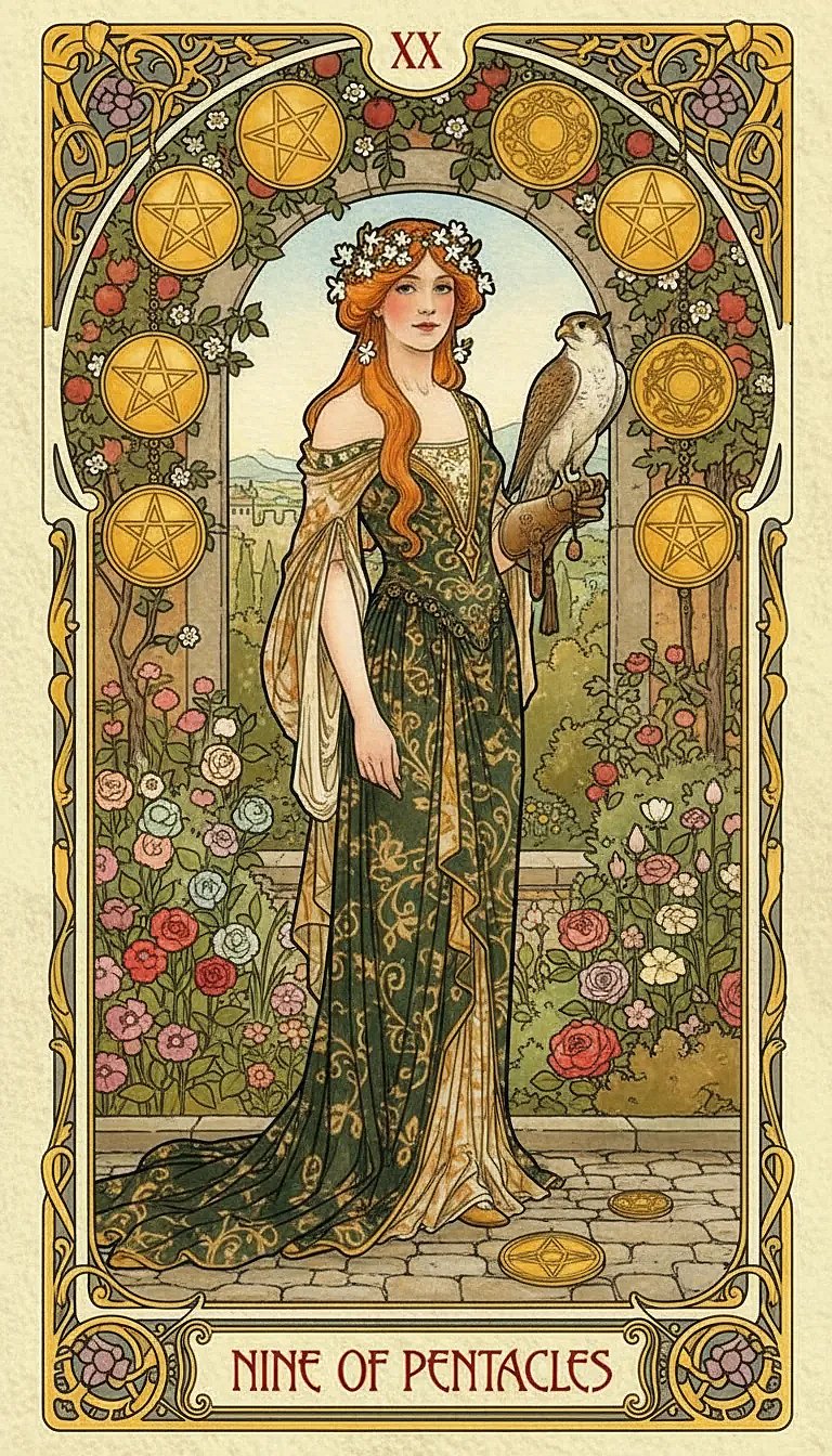 A well-dressed woman in a lush garden with a falcon on her gloved hand, surrounded by nine pentacles.