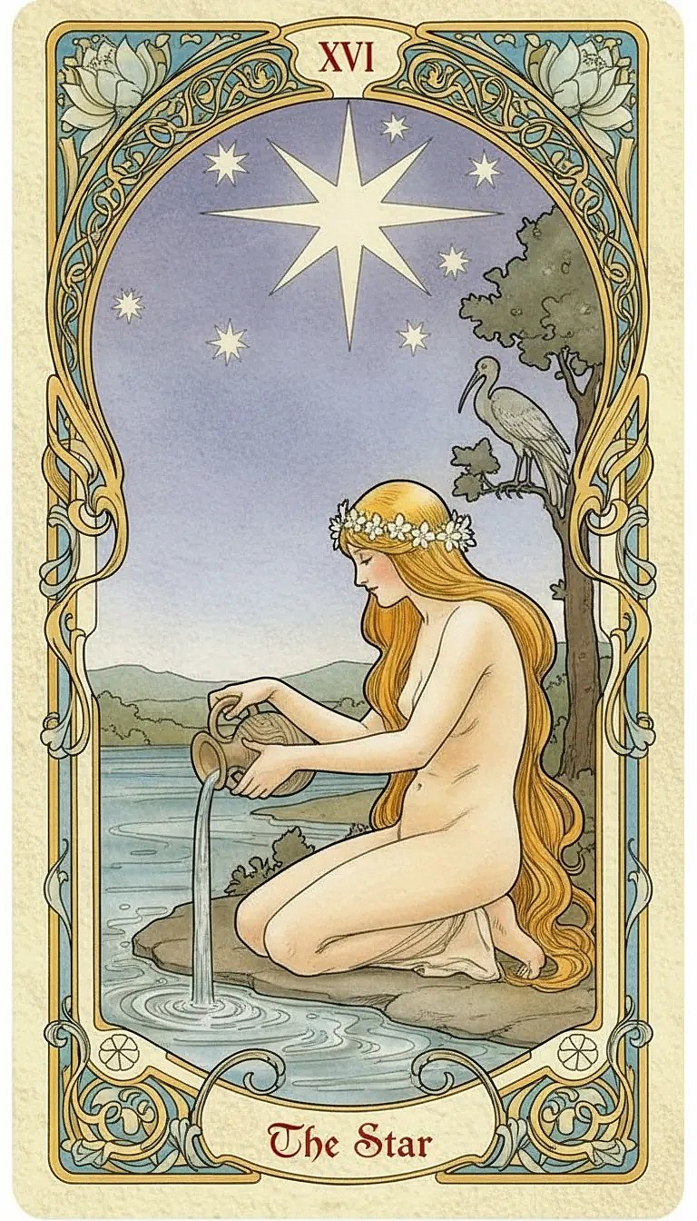 The Star Tarot card showing a naked woman kneeling by a pool of water, pouring from two pitchers under a large central star and seven smaller ones.
