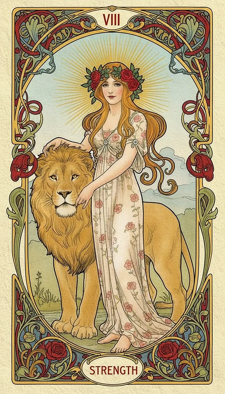 A woman in a white dress gently closing the mouth of a lion, with a lemniscate symbol floating above her head.