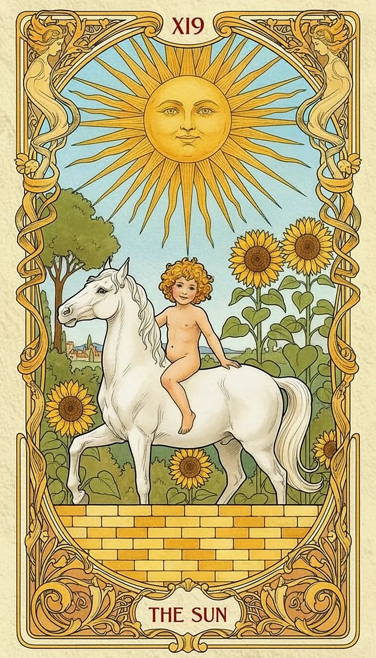 The Sun Tarot card showing a joyful child riding a white horse under a large, benevolent sun.