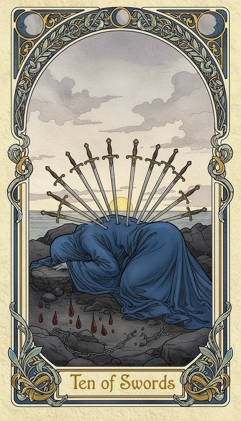 A depiction of the Ten of Swords tarot card, showing a figure lying face down with ten swords in their back.