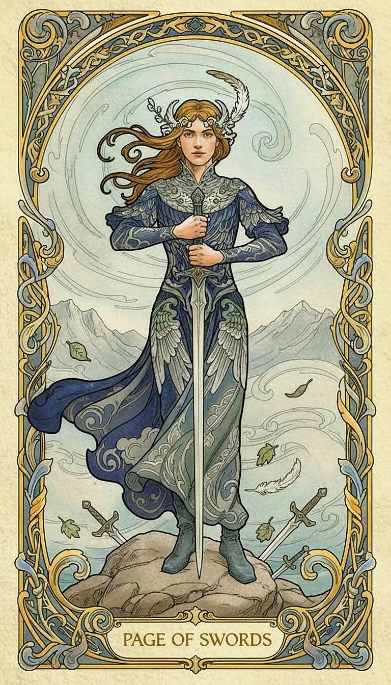 A youthful figure stands on a windy hilltop, holding a sword upright, representing new ideas and intellectual curiosity in the Page of Swords tarot card.
