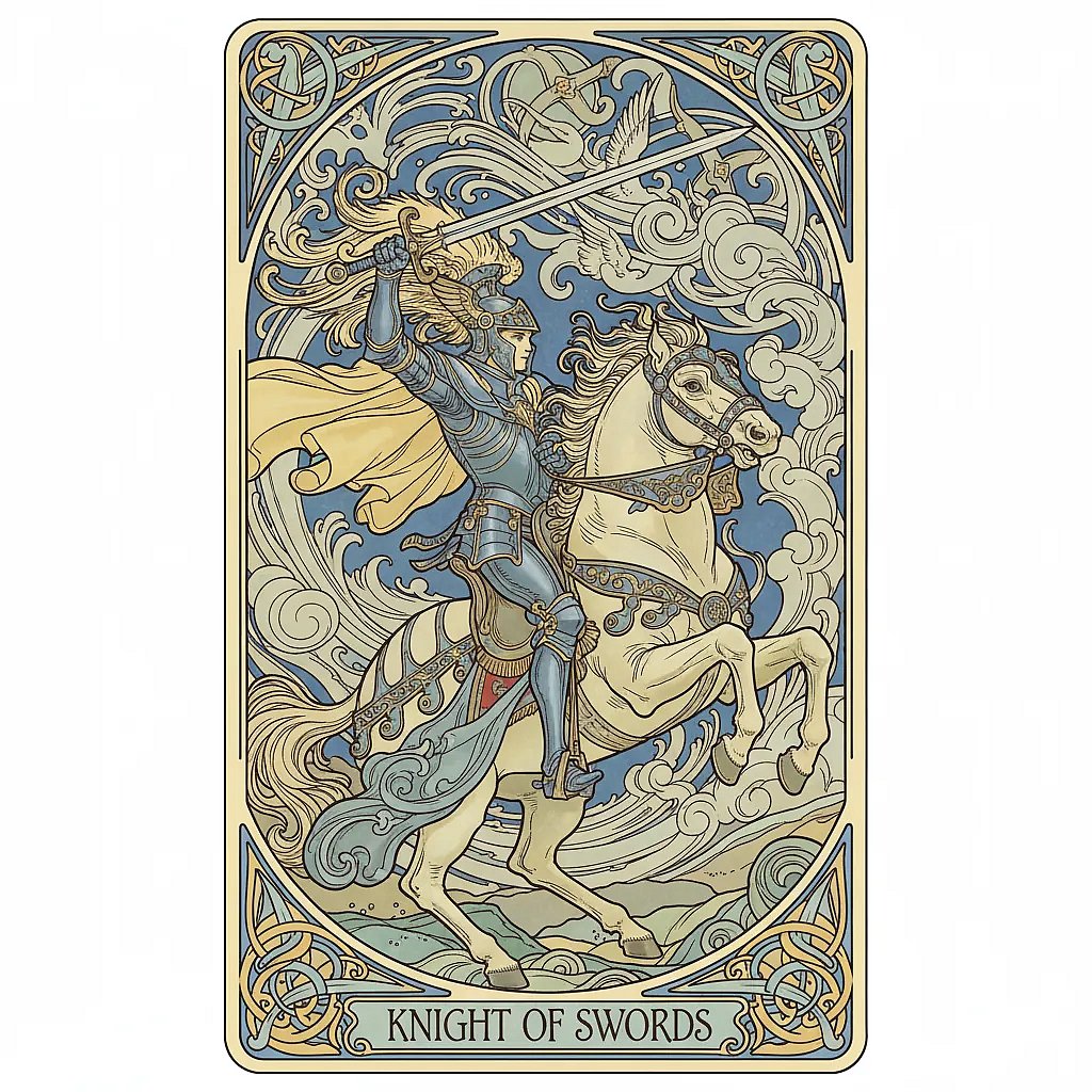 The Knight of Swords tarot card, depicting a knight in armor charging on a white horse with his sword raised against a stormy sky.