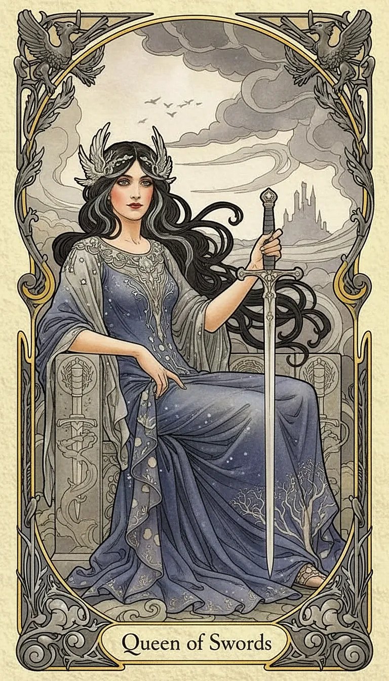 A depiction of the Queen of Swords from the Rider-Waite-Smith tarot deck, showing a stern queen on a stone throne holding a sword upright.