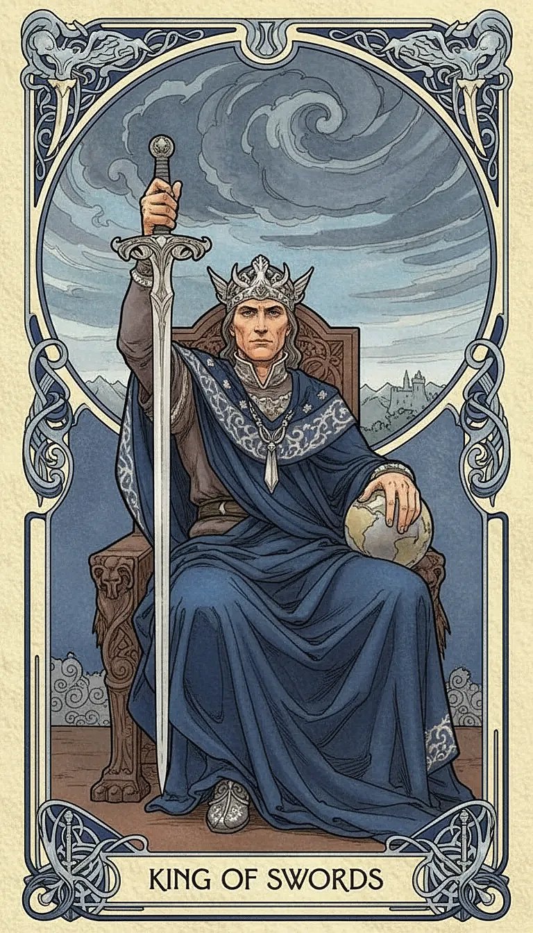 The King of Swords sitting on his throne, holding a double-edged sword upright, depicted in the Rider-Waite-Smith tarot deck.