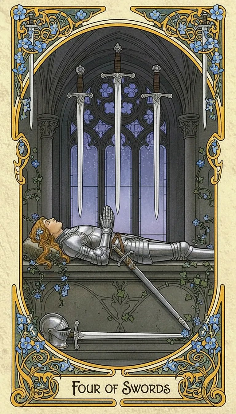 The Four of Swords tarot card depicting a knight's effigy resting in a church, symbolizing peace and recuperation.