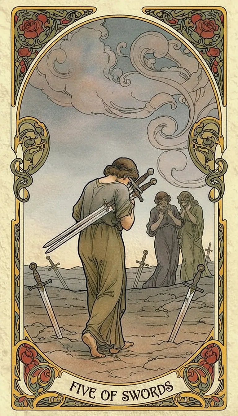 A man holds three swords, looking at two dejected figures walking away. Two swords lie on the ground.