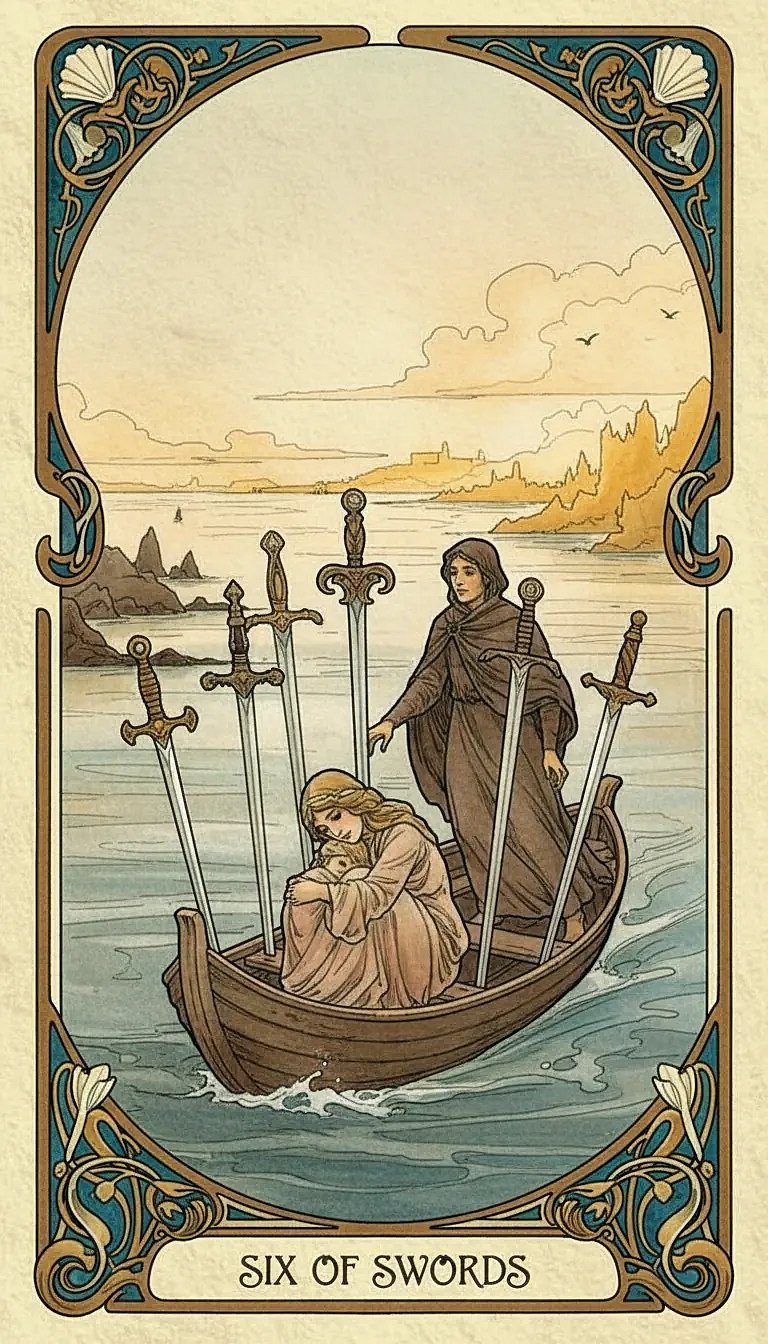 A depiction of a person and child being ferried across calm water in a boat, with six swords standing upright in the hull.