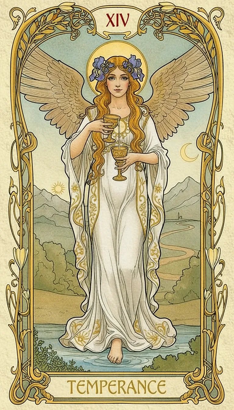 The Temperance card depicting an angel blending water between two cups.
