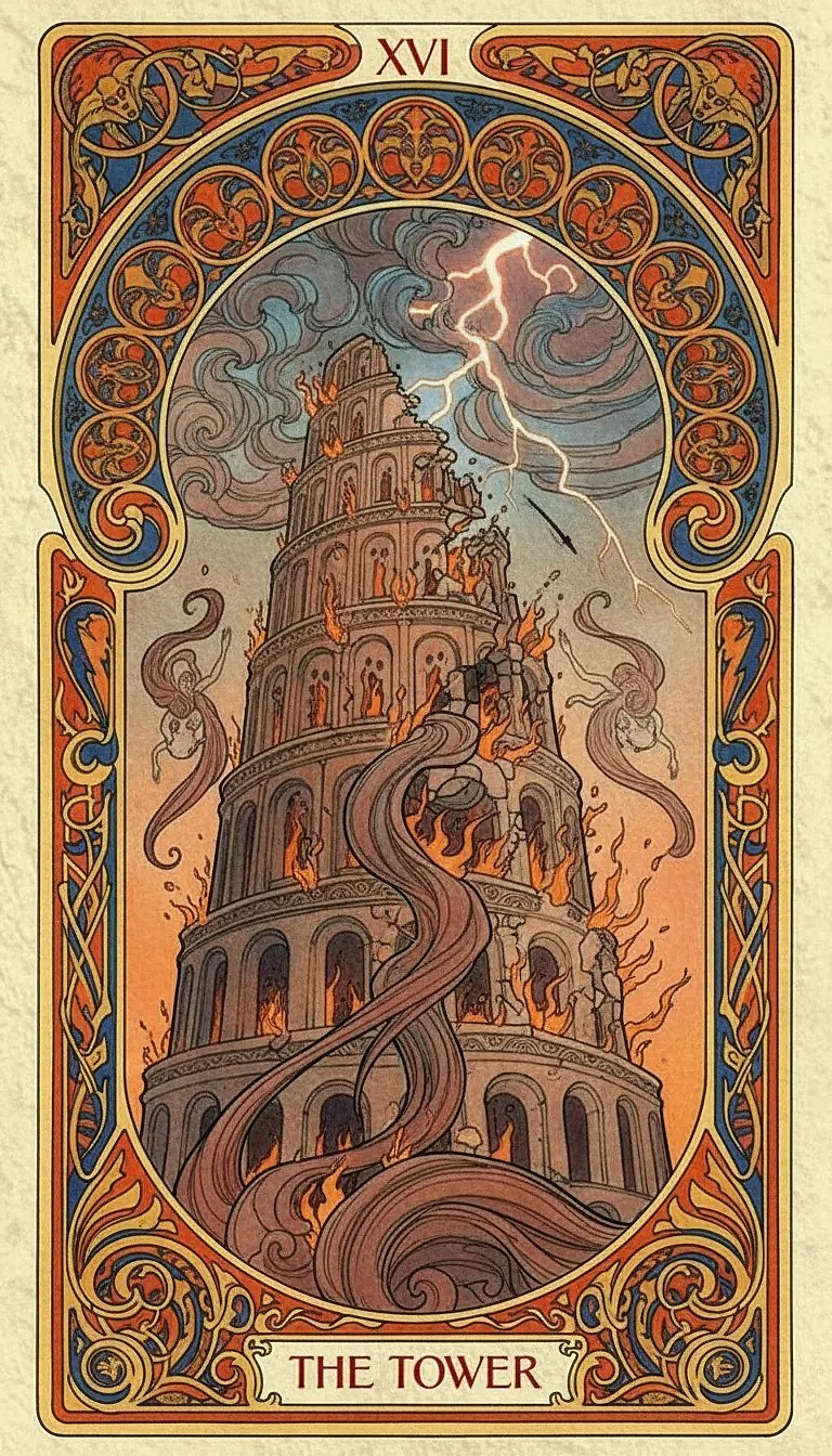 The Tower tarot card showing a tall stone tower being struck by lightning, with figures falling from its broken crown.