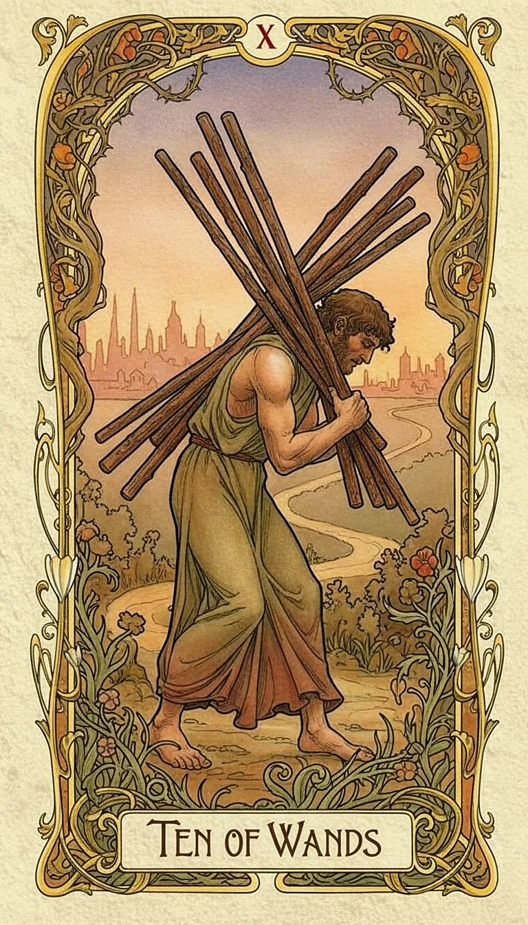 A figure struggles to carry a heavy bundle of ten wands, their back bent under the weight as they walk towards a distant town.