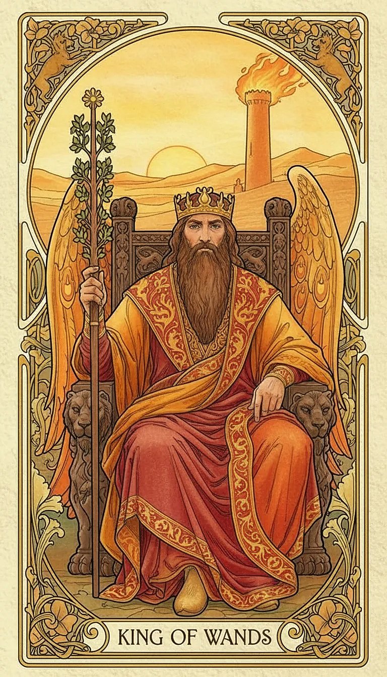 The King of Wands sitting on his throne, holding a flowering wand, with a salamander at his feet representing the element of fire.