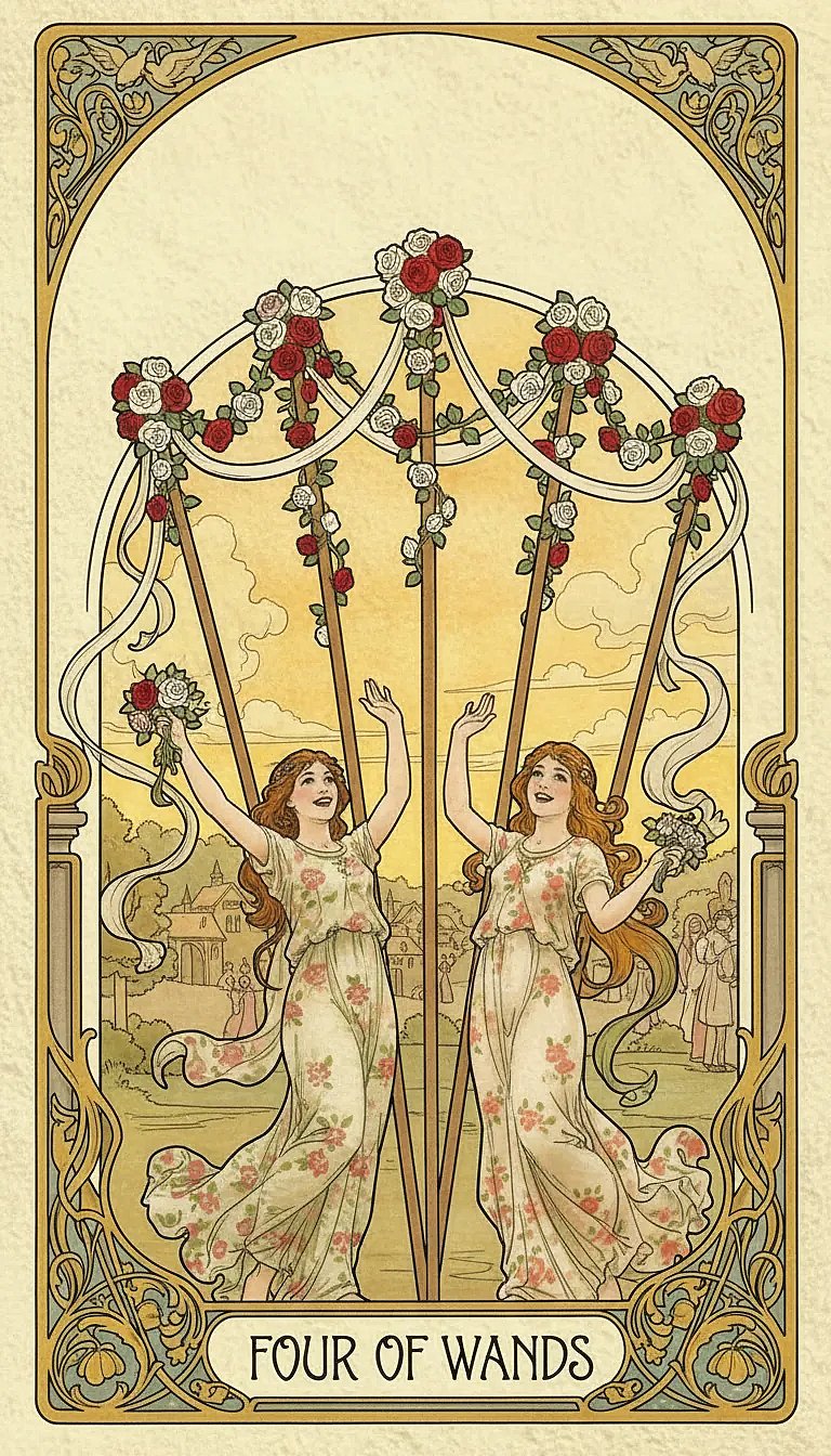 A depiction of the Four of Wands tarot card, showing a celebratory garland hanging between four wands, with a couple and a castle in the background.