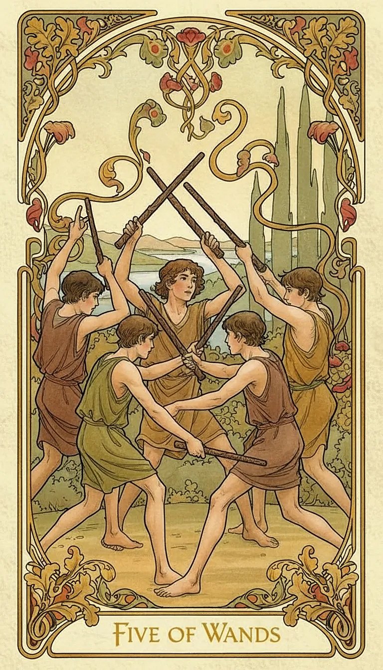 Illustration of five figures holding wands in a mock battle, symbolizing conflict and competition.