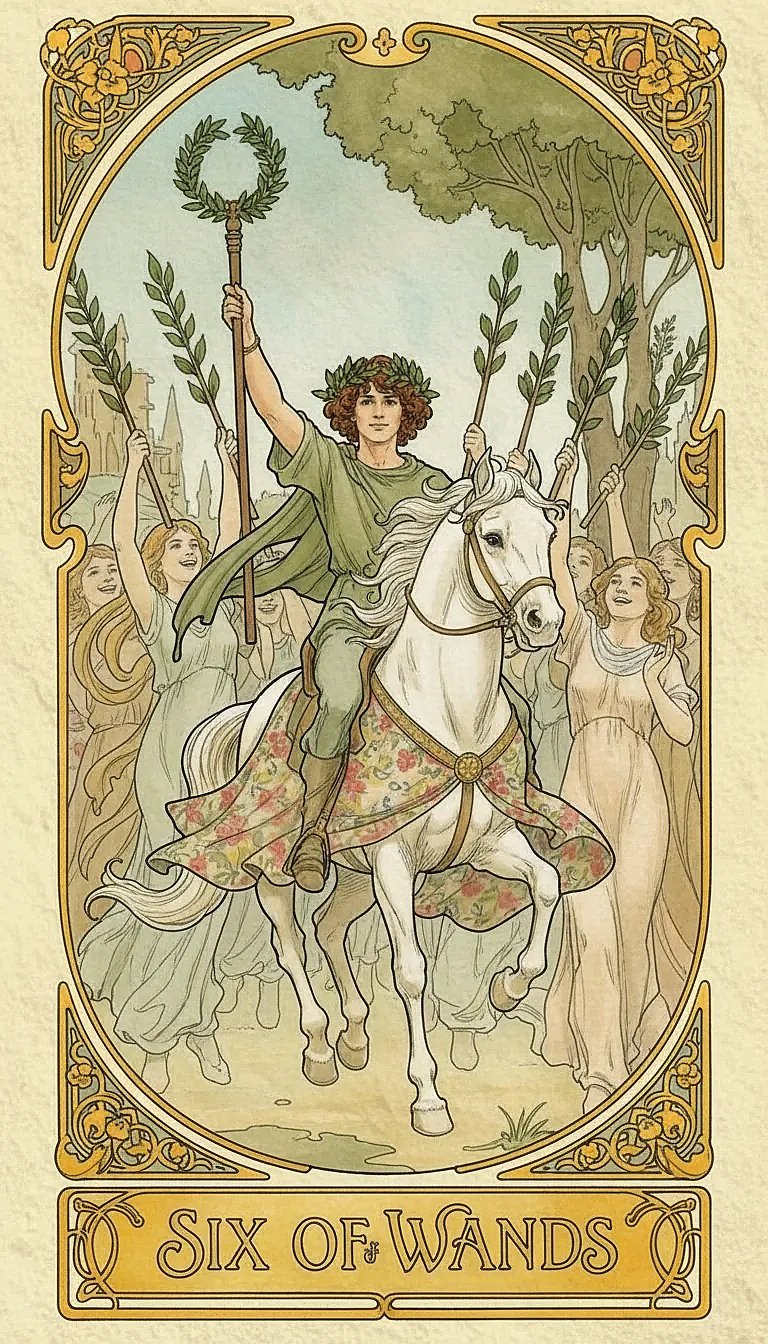 A victorious figure on a white horse, holding a wreathed wand, celebrated by a crowd.