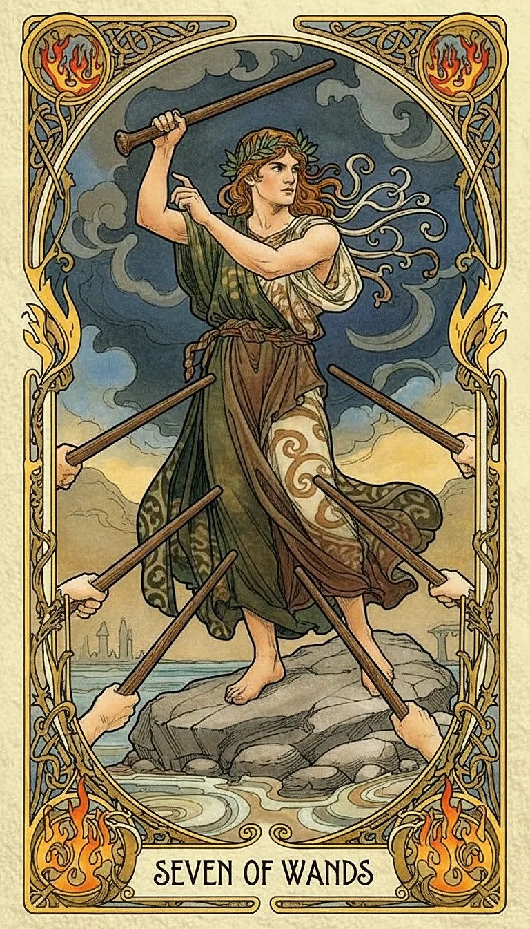 A depiction of the Seven of Wands tarot card, showing a figure defending a high position with a single wand against six others from below.