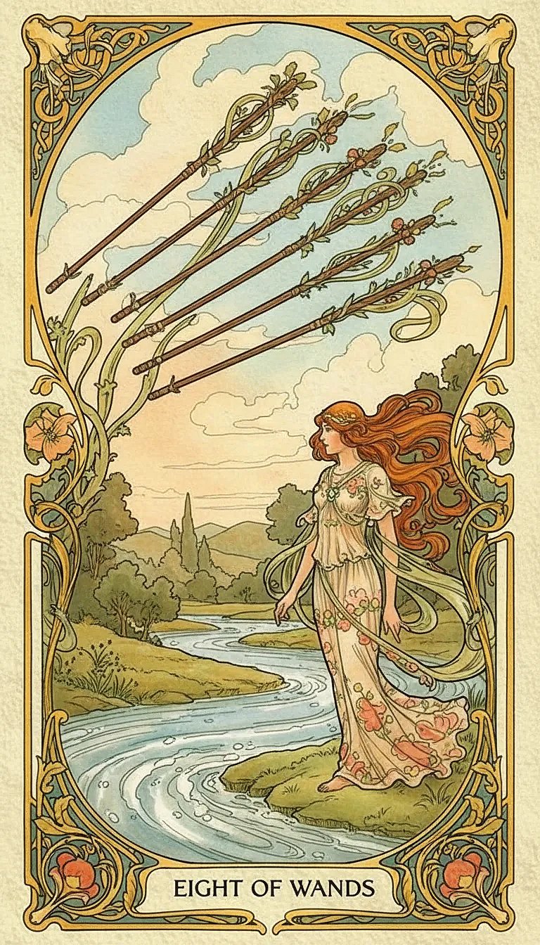 The Eight of Wands Tarot card, showing eight wands flying through a clear blue sky.