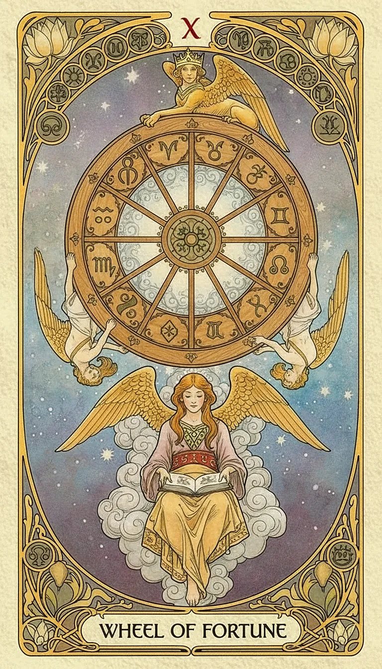 The Wheel of Fortune tarot card showing a wheel with various creatures and symbols representing cycles of life and destiny.
